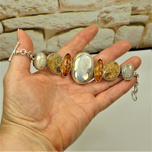 Rare Multi Stone 925 Silver Link Toggle Bracelet With Amber Ammonite Druzy MOP - Picture 9 of 16